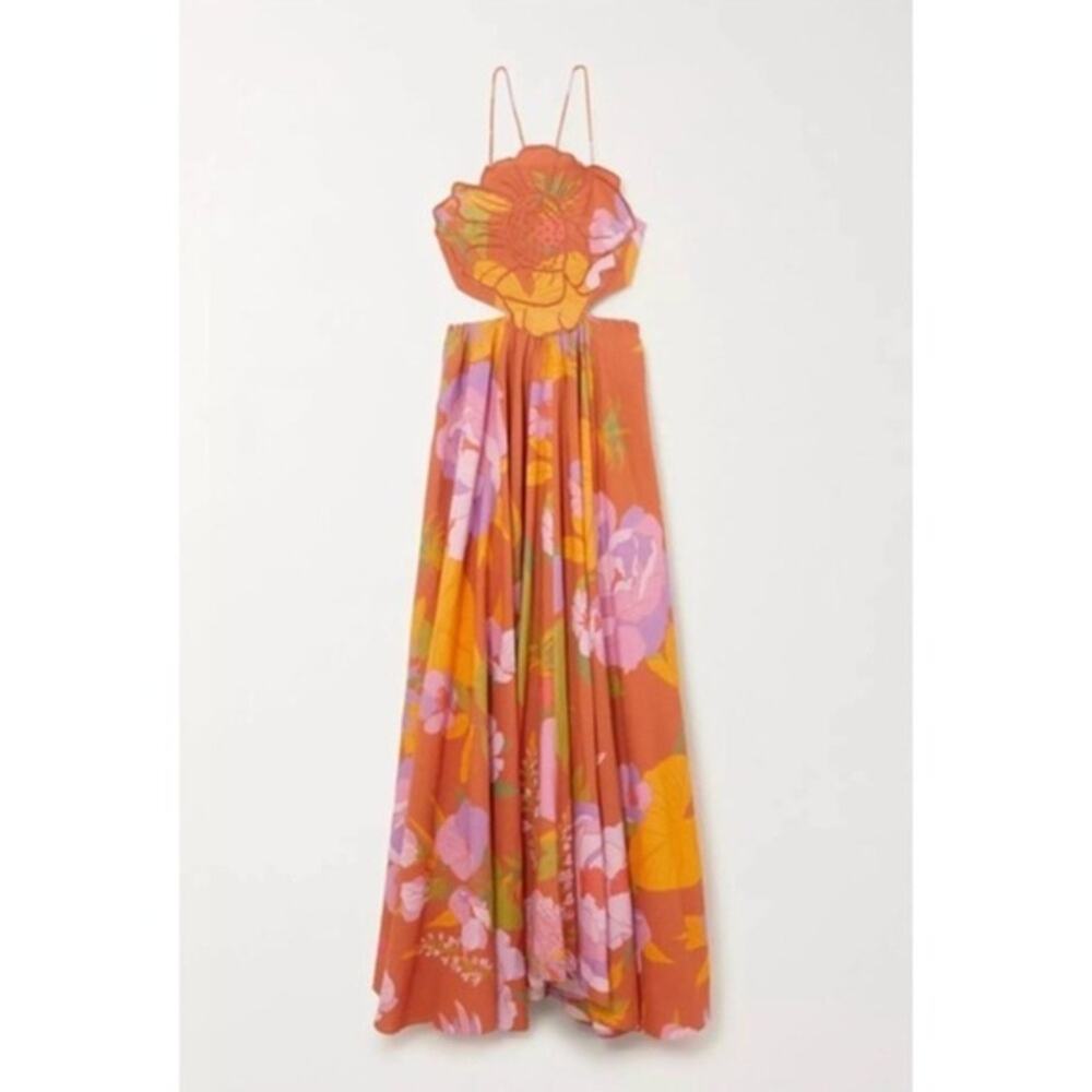 Caroline Constas Orange Floral Halter Maxi‎ Dress Smocked Cutout Beaded Tassel M